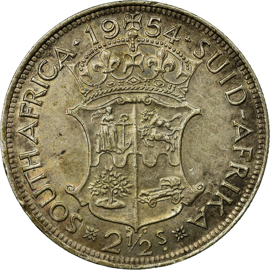 Moneta, Sudafrica, Elizabeth II, 2-1/2 Shillings, 1954, Pretoria, BB+, Argento