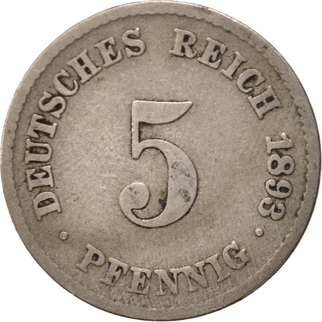 Coin, GERMANY - EMPIRE, Wilhelm II, 5 Pfennig, 1893, Stuttgart, VF(20-25)