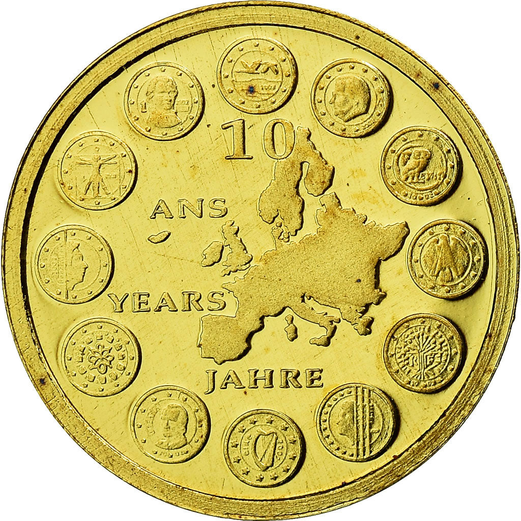 France, Medal, 10 ans de l'Euro, 2009, MS(65-70), Gold