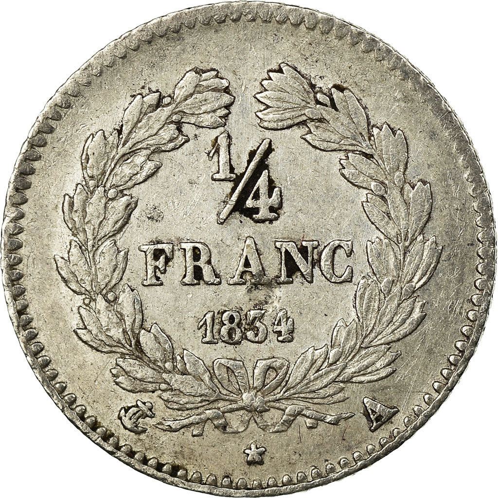 Coin, France, Louis-Philippe, 1/4 Franc, 1834, Paris, AU(50-53), Silver