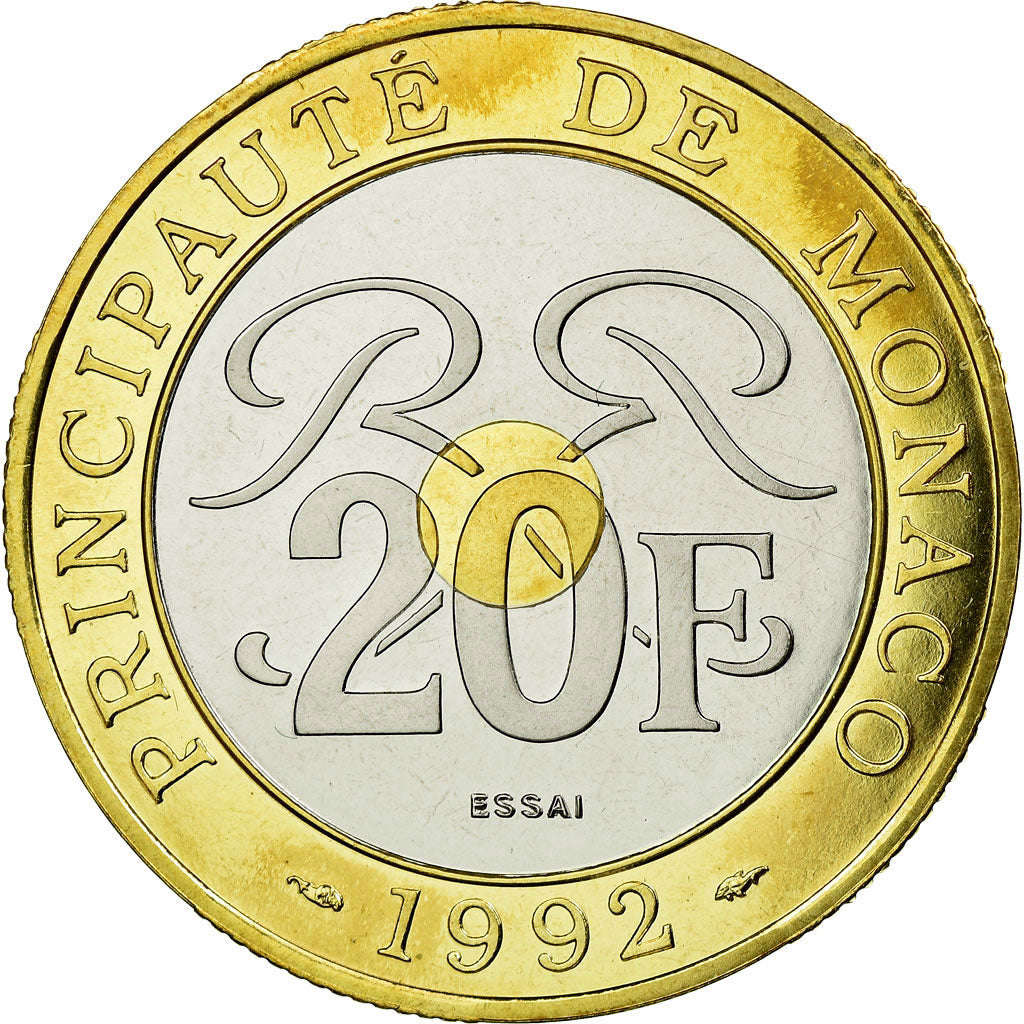 Coin, Monaco, Rainier III, 20 Francs, 1992, ESSAI, MS(63), Tri-Metallic, KM:165