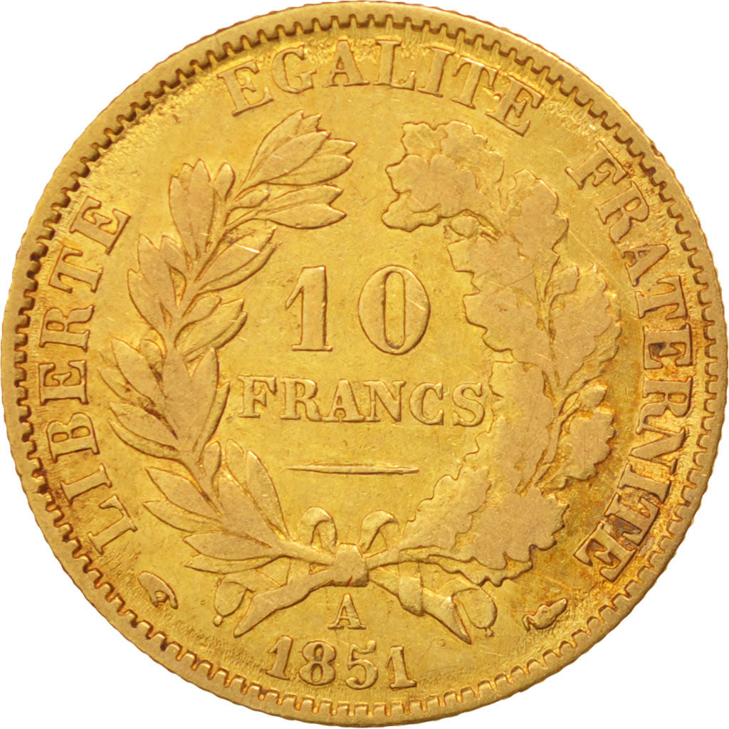 France, Cérès, 10 Francs, 1851, Paris, VF, Gold, KM:770, Gadoury:1012