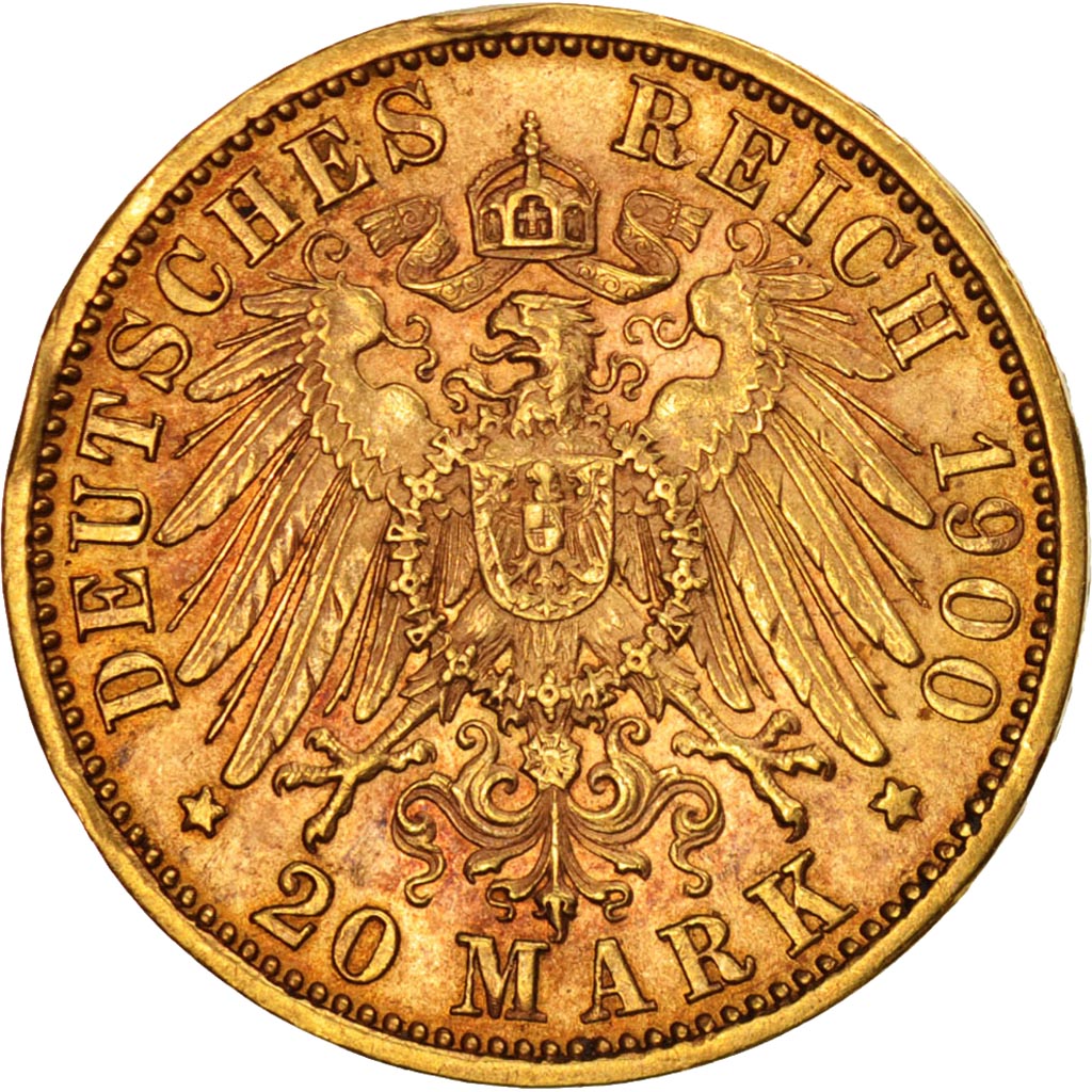 German States, WURTTEMBERG, Wilhelm II, 20 Mark, 1900, Freudenstadt, KM:634