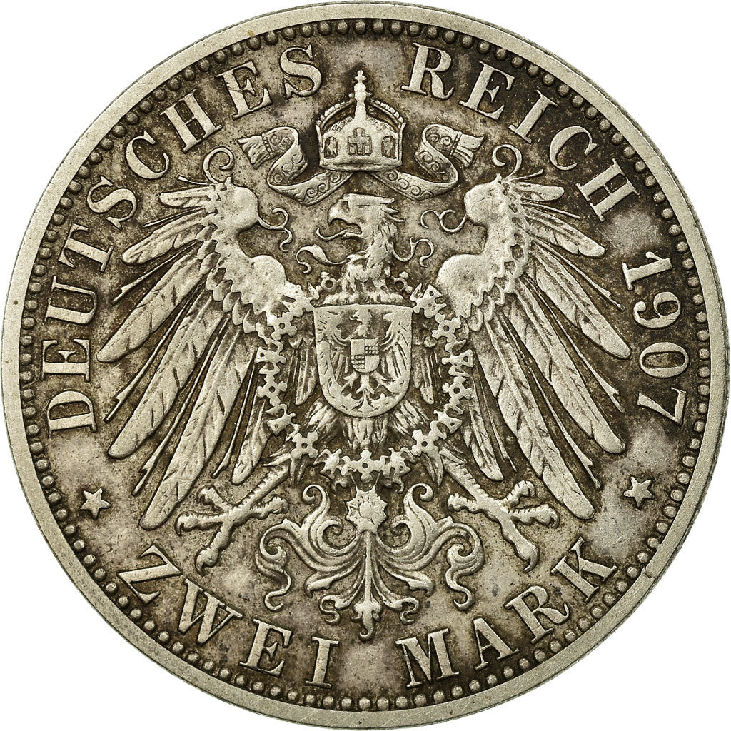 Coin, German States, BADEN, Friedrich I, 2 Mark, 1907, Stuttgart, VF(30-35)