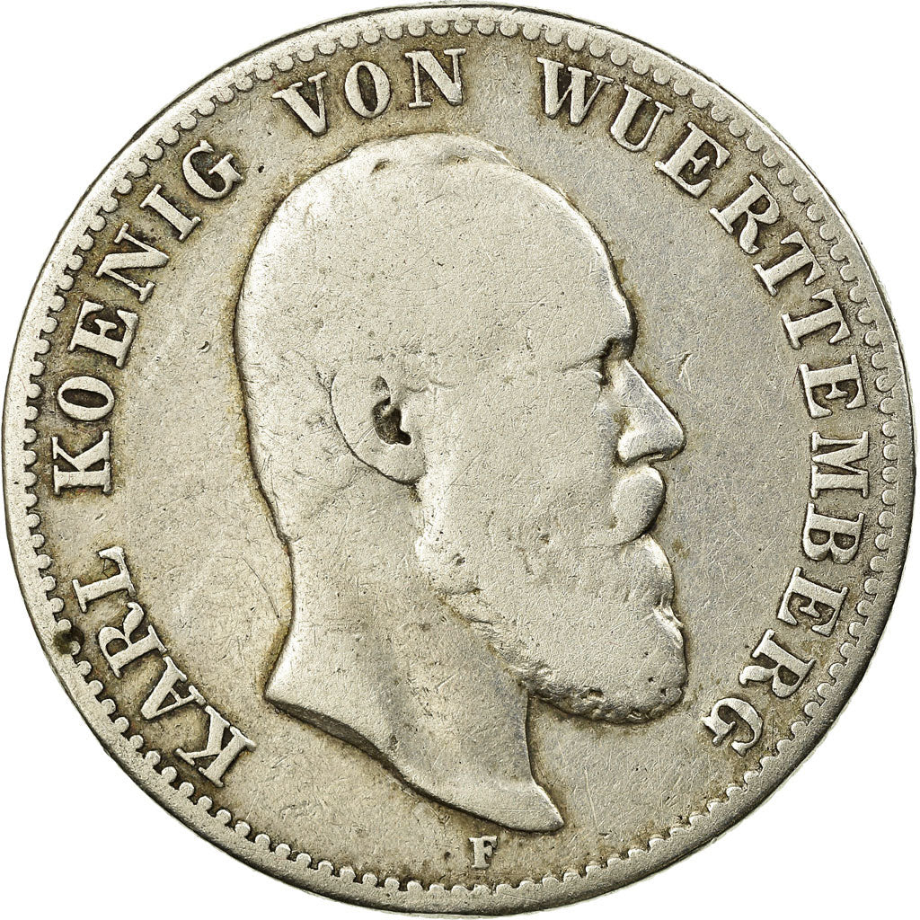 Coin, German States, WURTTEMBERG, Karl I, 2 Mark, 1876, Freudenstadt, F(12-15)