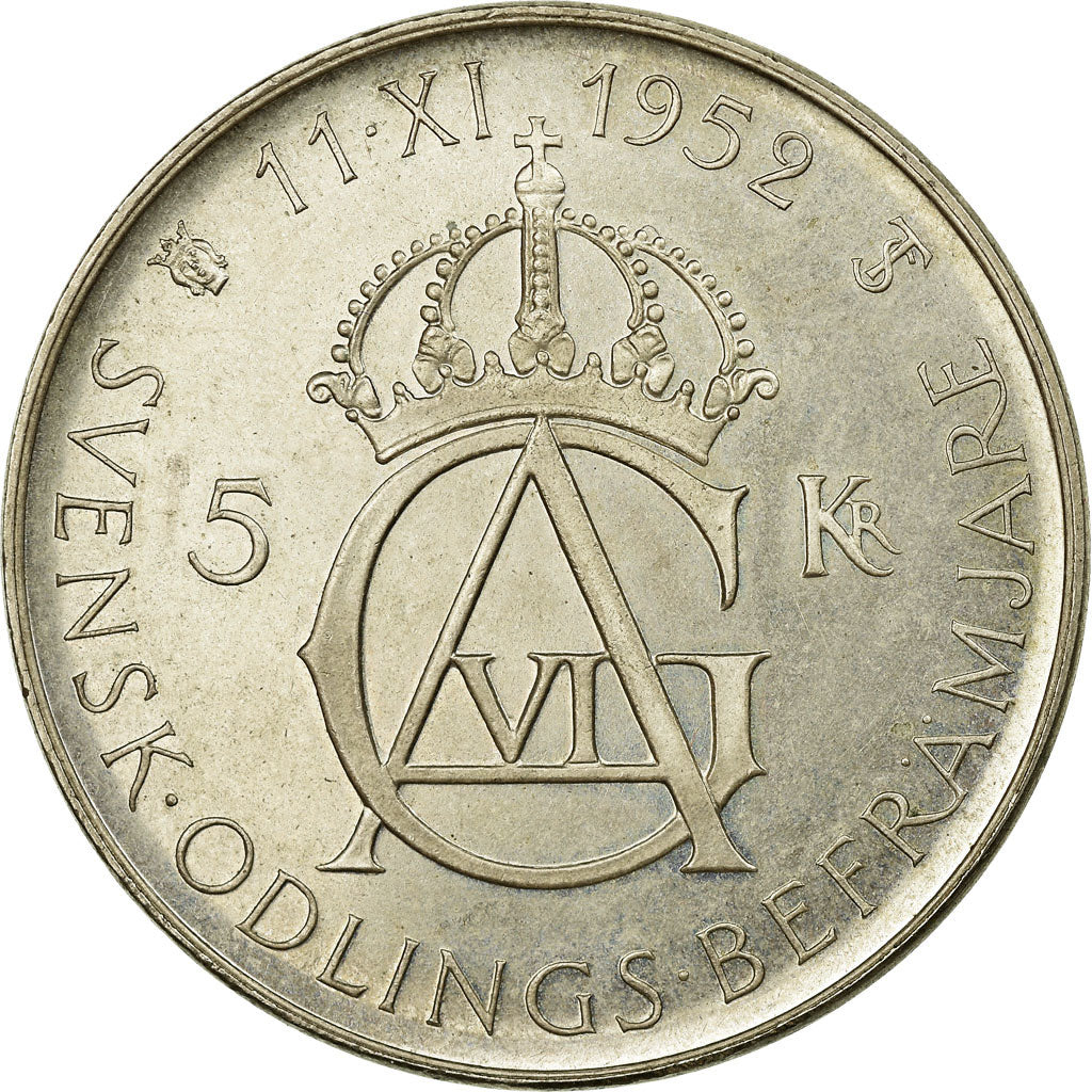 Coin, Sweden, Gustaf VI, 5 Kronor, 1952, MS(60-62), Silver, KM:828