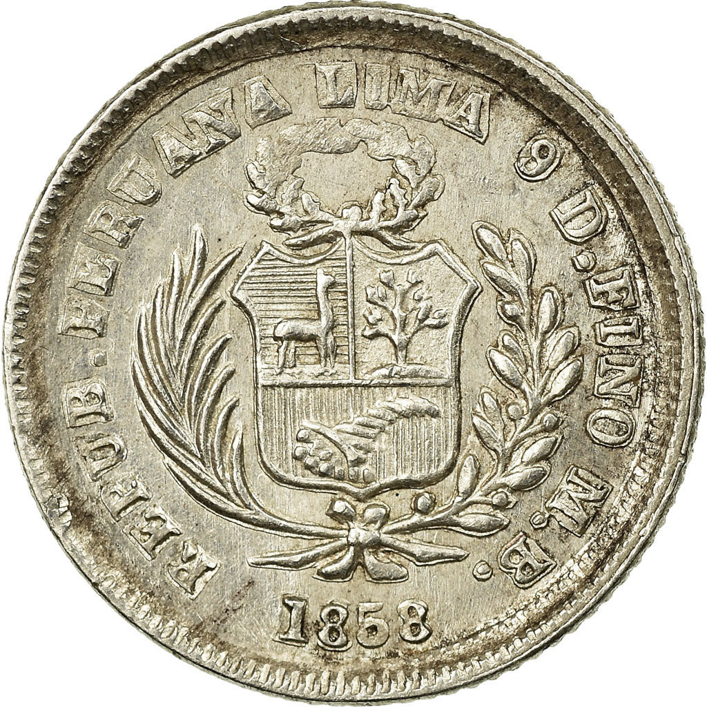 Moneda, Perú, SOUTH PERU, 1/2 Real, Medio, 1858/68, Lima, MBC+, Plata, KM:177