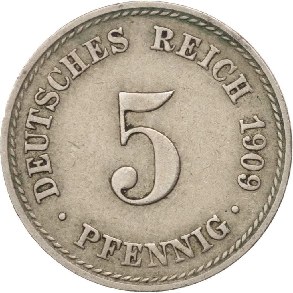 GERMANY - EMPIRE, Wilhelm II, 5 Pfennig, 1909, Berlin, Copper-nickel, KM:11