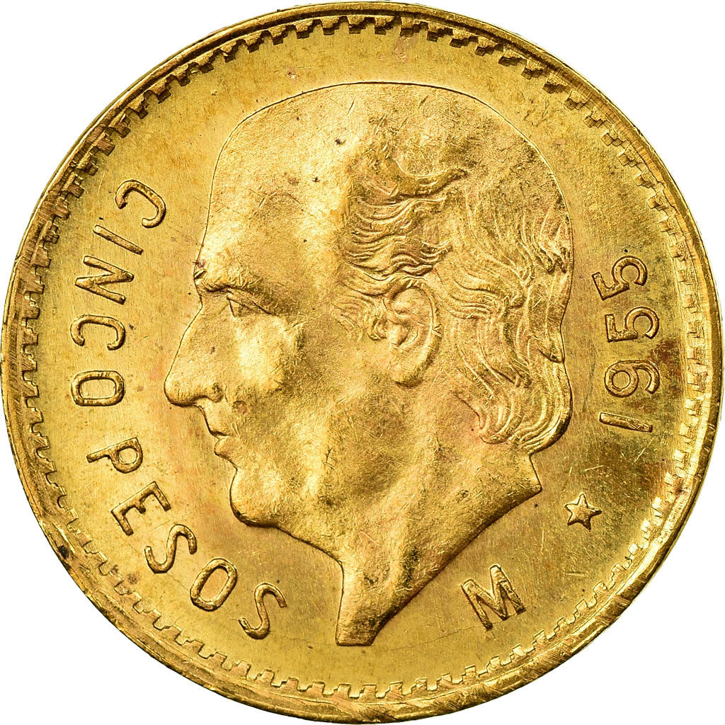 Moeda, México, 5 Pesos, 1955, Mexico City, AU(55-58), Dourado, KM:464