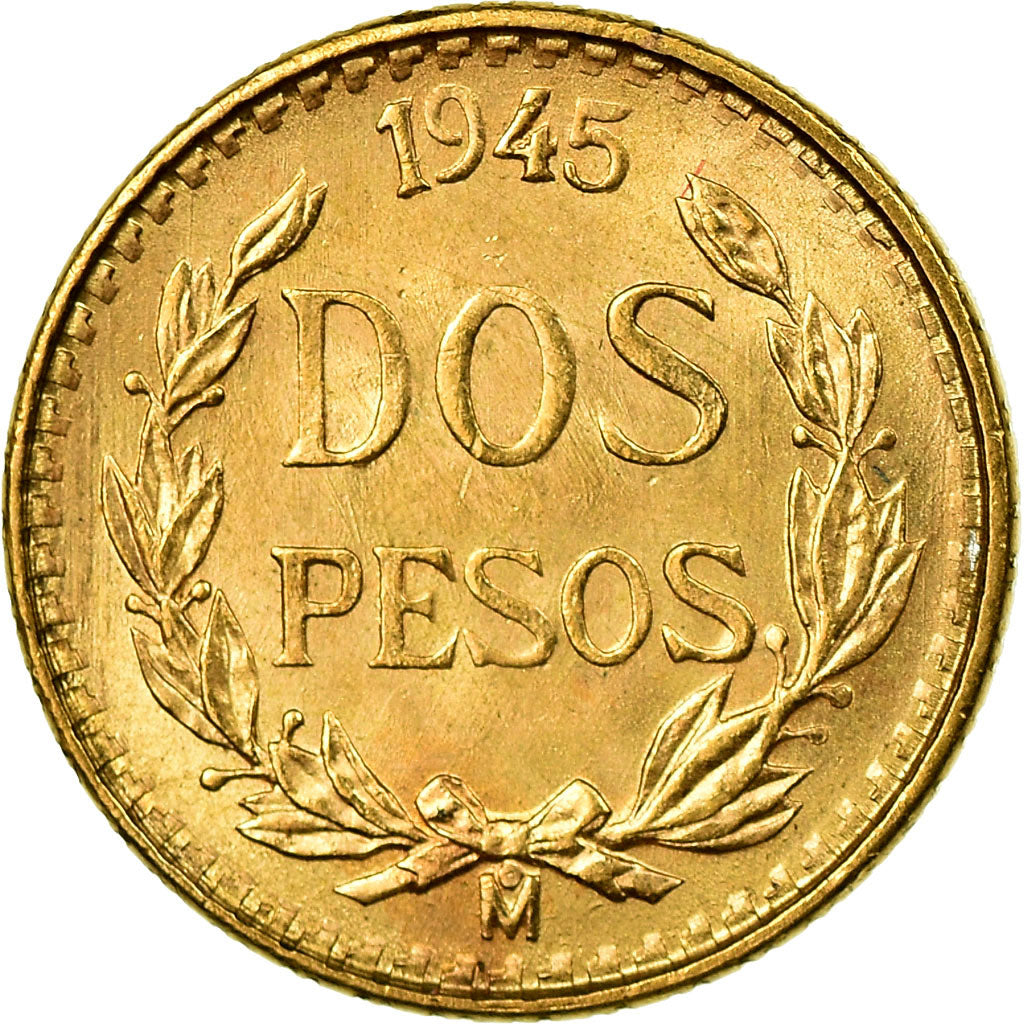 Coin, Mexico, 2 Pesos, 1945, Mexico City, MS(60-62), Gold, KM:461
