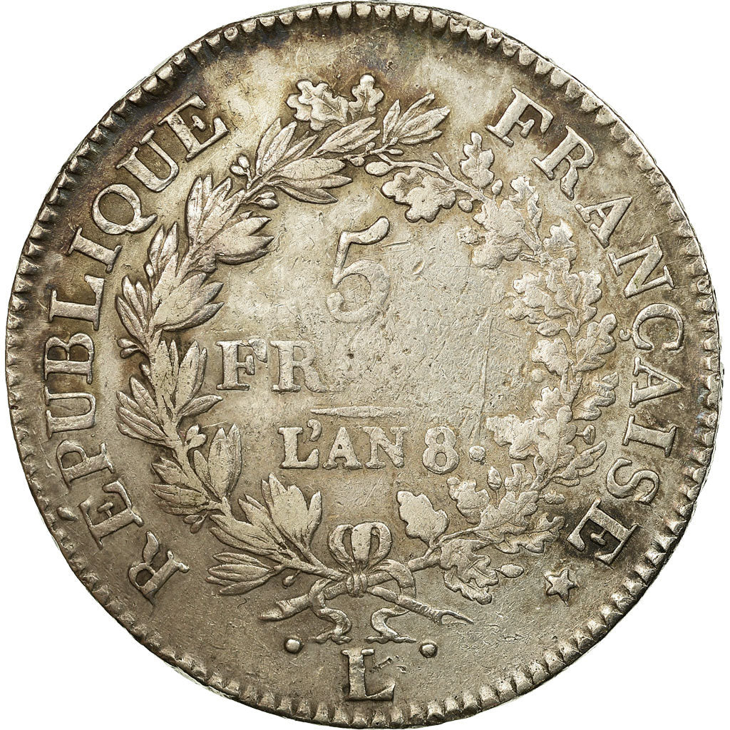 Coin, France, Union et Force, 5 Francs, An 8 (1800), Bayonne, VF(30-35), Silver