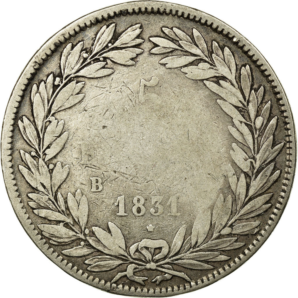 Moeda, França, Louis-Philippe, 5 Francs, 1831, Rouen, VF(20-25), Prata