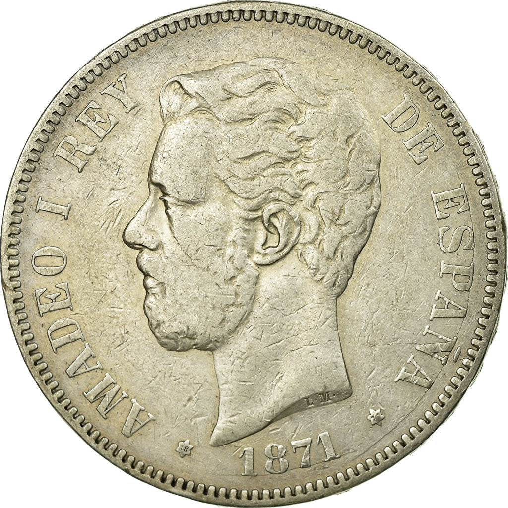 Coin, Spain, Amadeao I, 5 Pesetas, 1871, Madrid, VF(30-35), Silver, KM:666