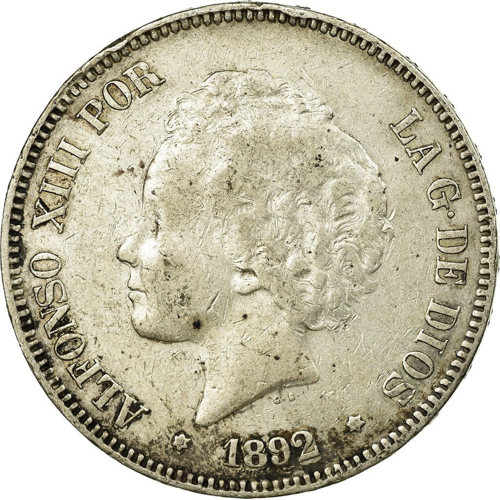 Münze, Spanien, Alfonso XIII, 5 Pesetas, 1892, Madrid, S+, Silber, KM:700