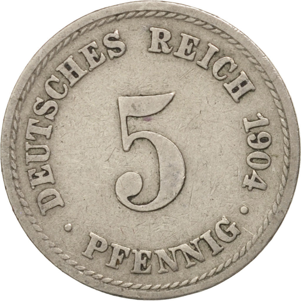 GERMANY - EMPIRE, Wilhelm II, 5 Pfennig, 1904, Berlin, Copper-nickel, KM:11