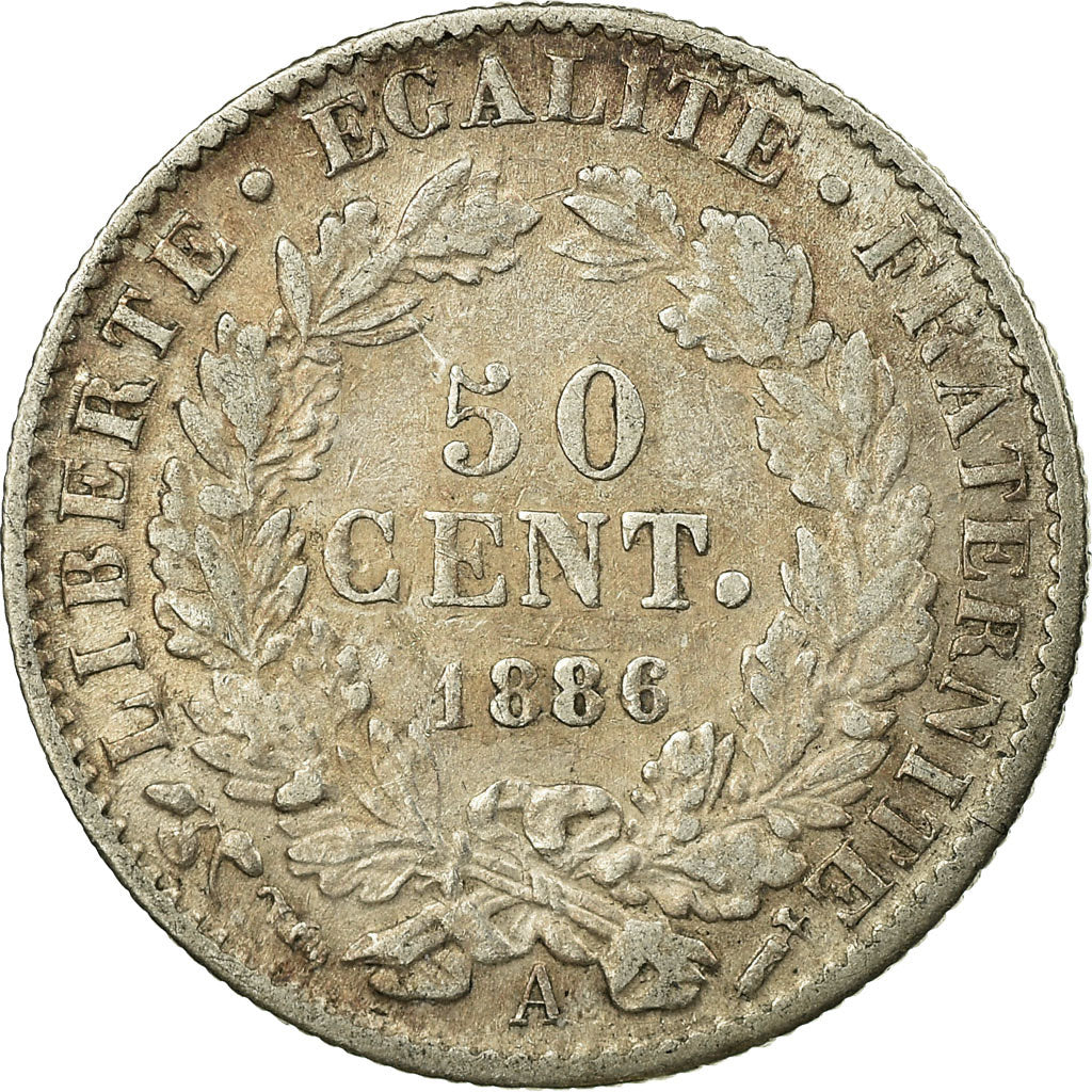 Moeda, França, Cérès, 50 Centimes, 1886, Paris, VF(30-35), Prata, KM:834.1