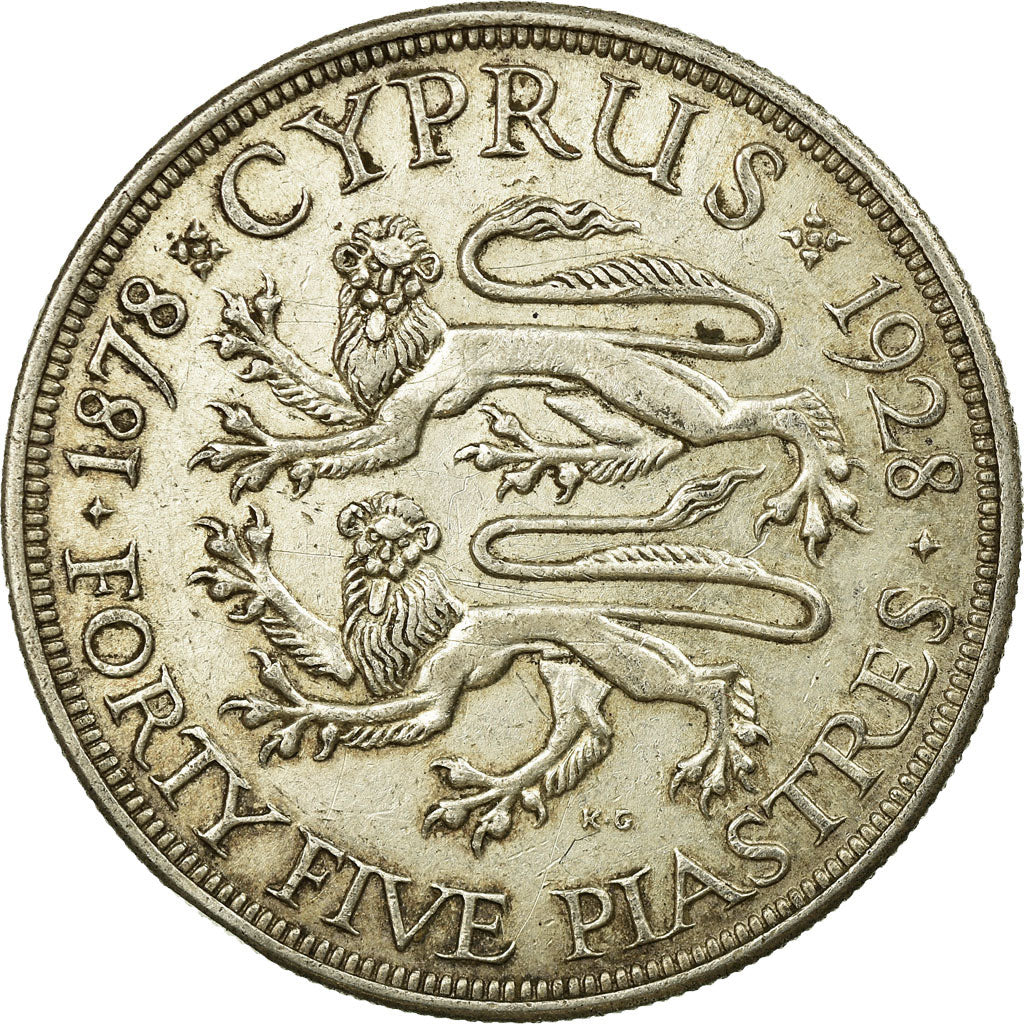 Coin, Cyprus, George V, 45 Piastres, 1928, EF(40-45), Silver, KM:19