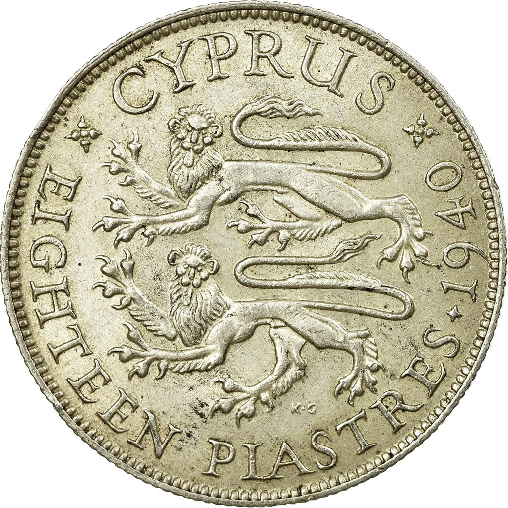 Coin, Cyprus, George VI, 18 Piastres, 1940, AU(50-53), Silver, KM:26