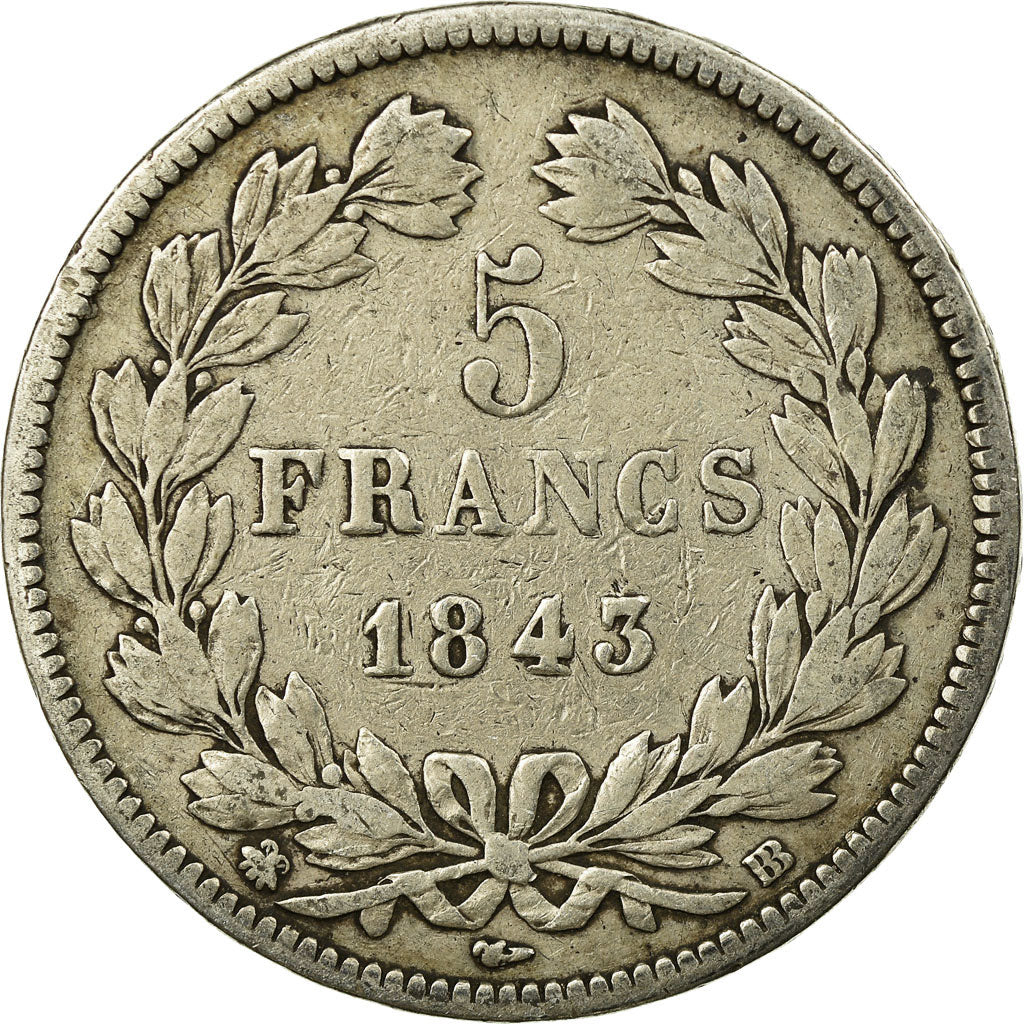 Moneta, Francia, Louis-Philippe, 5 Francs, 1843, Strasbourg, MB, Argento