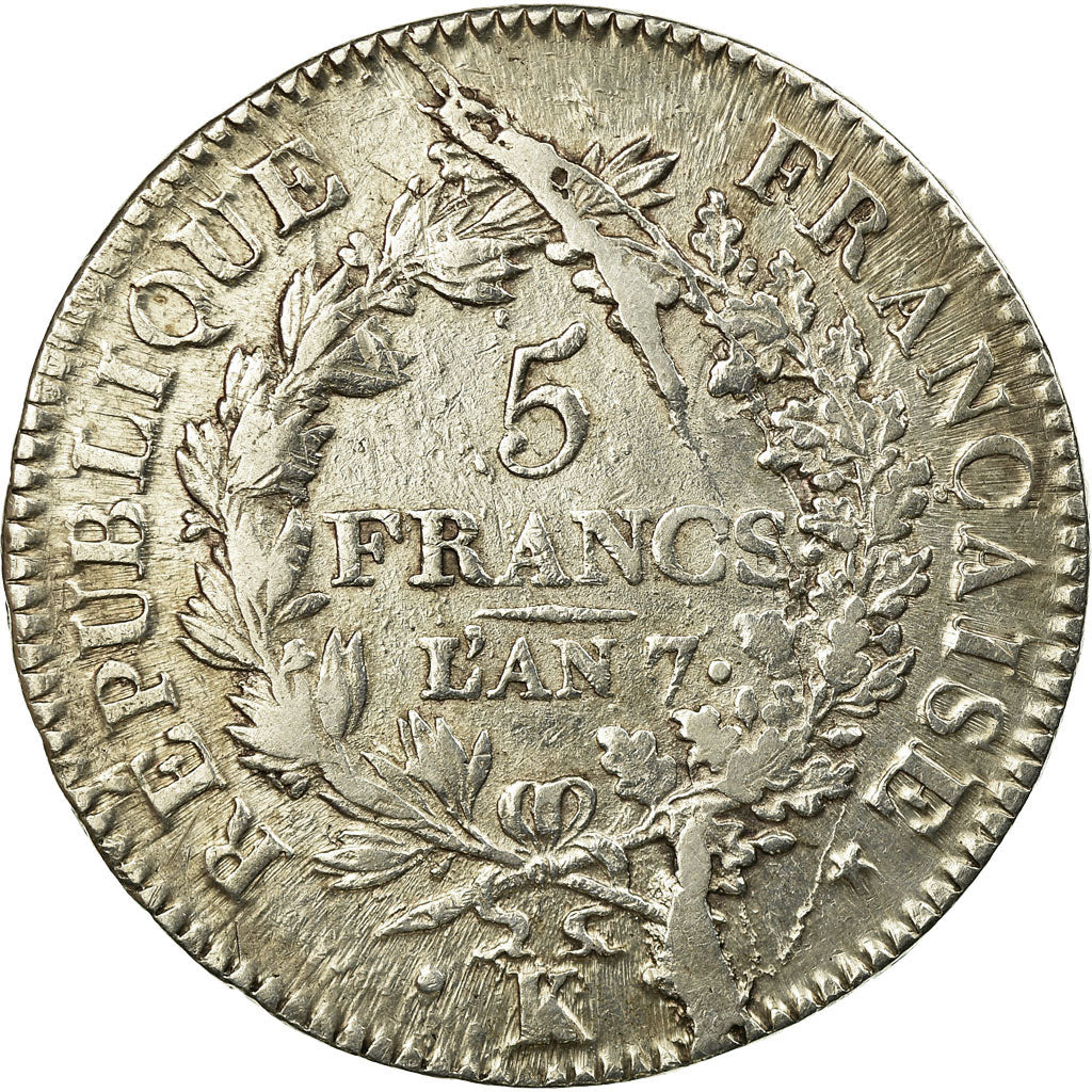 Coin, France, Union et Force, 5 Francs, AN 7, Bordeaux, EF(40-45), Silver