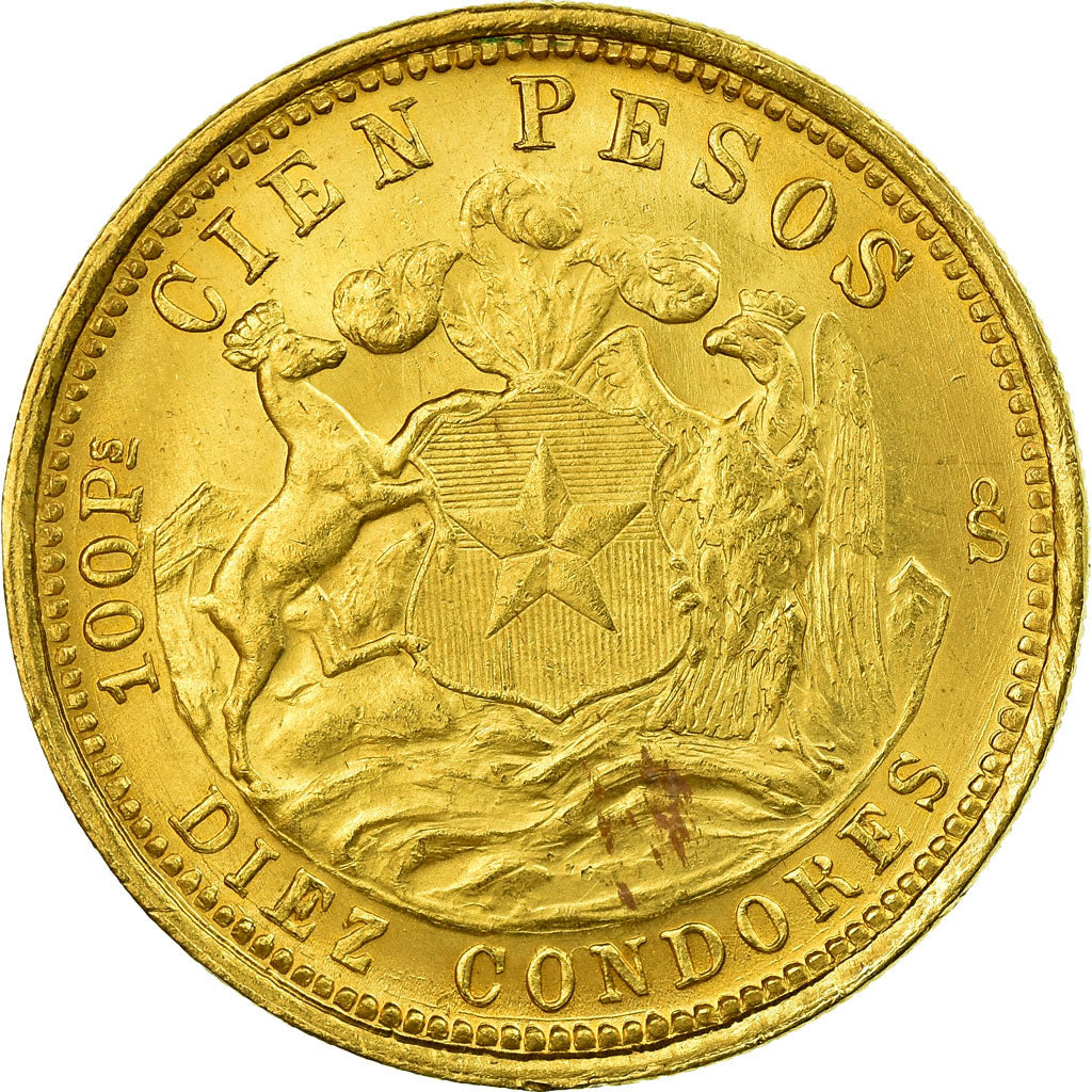 Munten, Chili, 10 Condores, 100 Pesos, 1926, Santiago, ZF+, Goud, KM:170