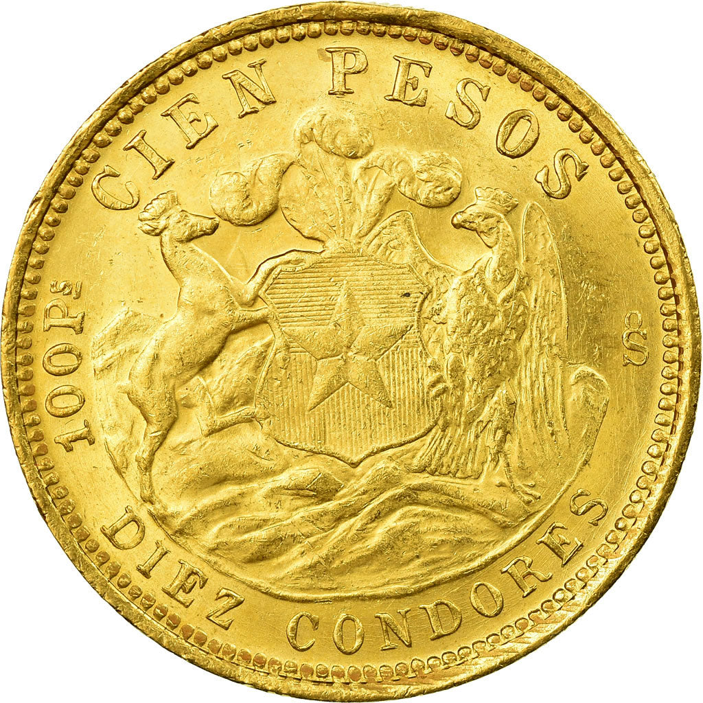 Coin, Chile, 10 Condores, 100 Pesos, 1926, Santiago, AU(50-53), Gold, KM:170