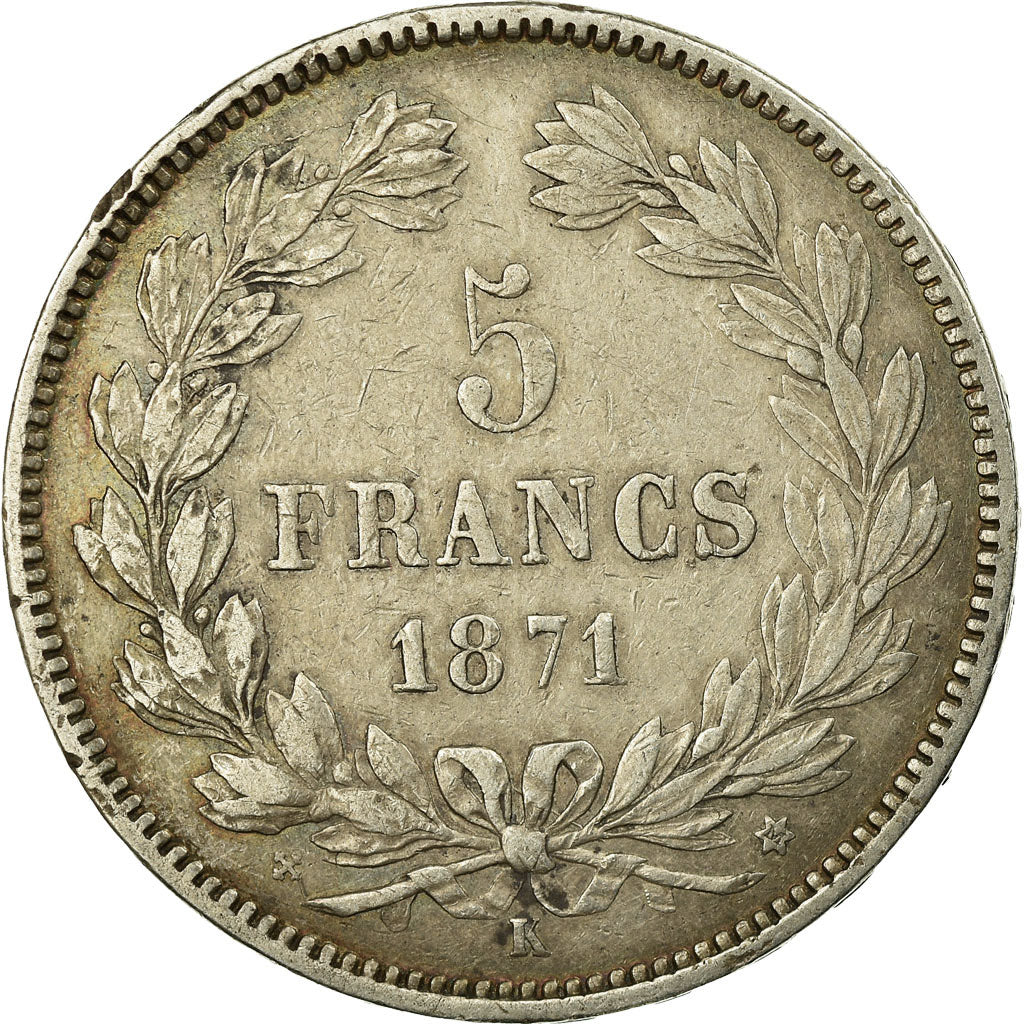 Moneta, Francia, Cérès, 5 Francs, 1871, Bordeaux, BB, Argento, KM:818.2
