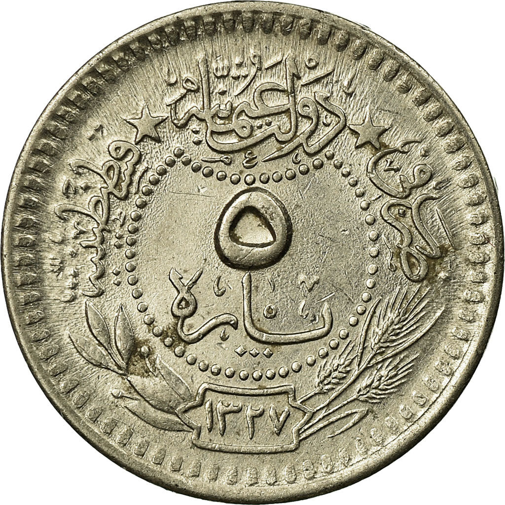Coin, Turkey, Muhammad V, 5 Para, 1911, Qustantiniyah, AU(50-53), Nickel, KM:759