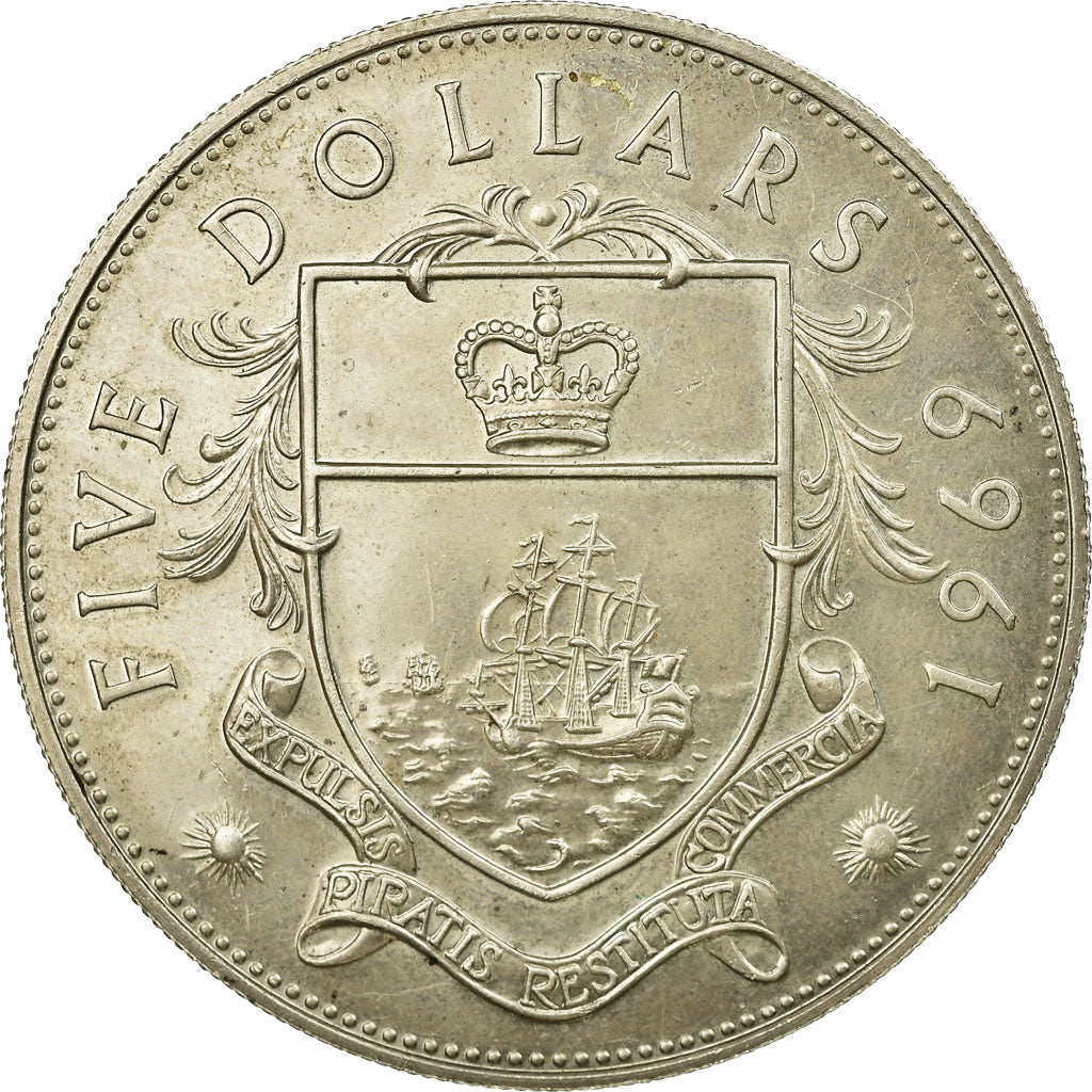 Coin, Bahamas, Elizabeth II, 5 Dollars, 1969, AU(50-53), Silver, KM:10