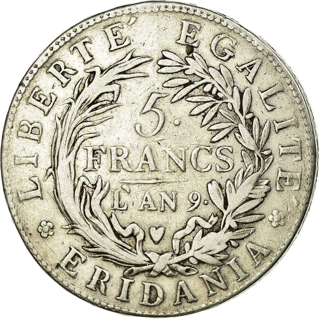 Coin, ITALIAN STATES, PIEDMONT REPUBLIC, 5 Francs, AN 9, VF(30-35), Silver, KM:4