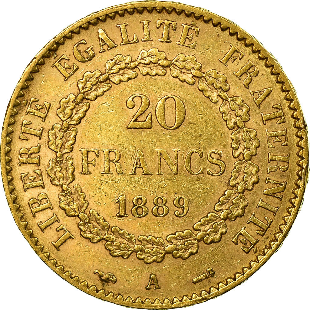 Moneda, Francia, Génie, 20 Francs, 1889, Paris, MBC+, Oro, KM:825, Gadoury:1063