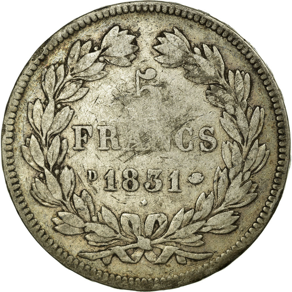Moeda, França, Louis-Philippe, 5 Francs, 1831, Lyon, VF(20-25), Prata