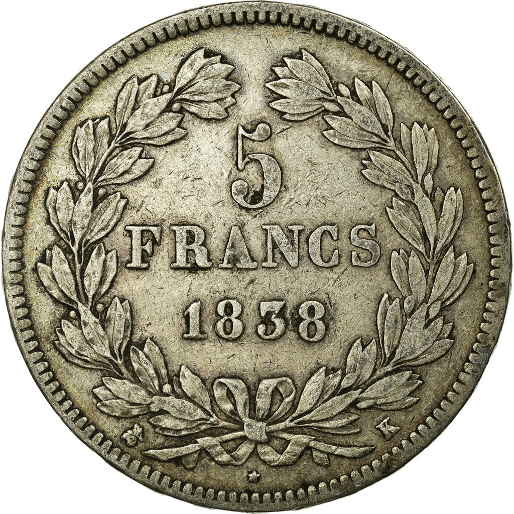 Moeda, França, Louis-Philippe, 5 Francs, 1838, Bordeaux, EF(40-45), Prata