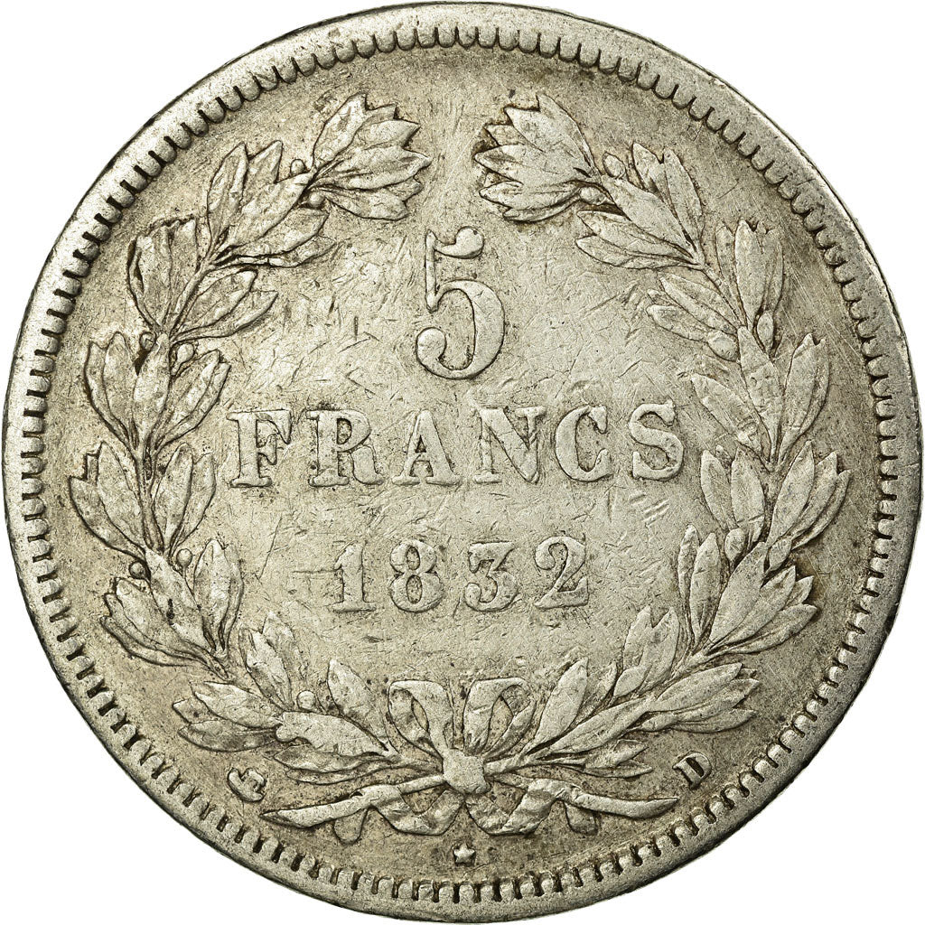 Coin, France, Louis-Philippe, 5 Francs, 1832, Lyon, VF(20-25), Silver, KM:749.4