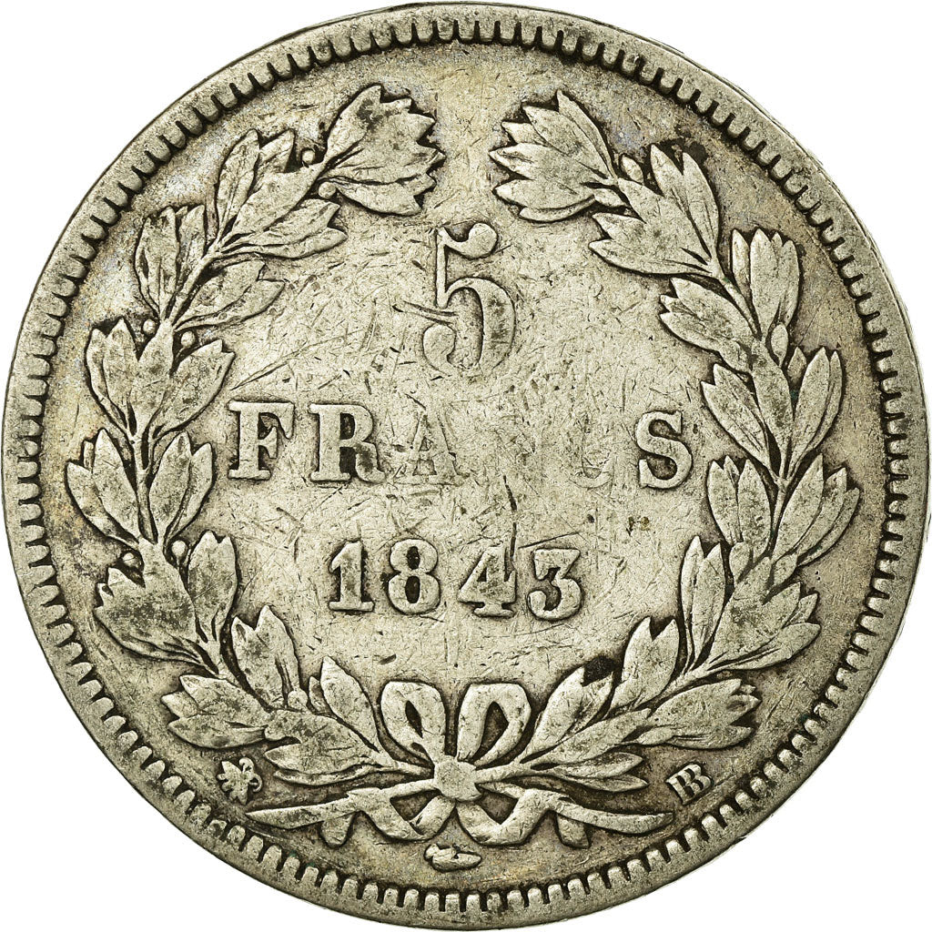 Coin, France, Louis-Philippe, 5 Francs, 1843, Strasbourg, VF(20-25), Silver