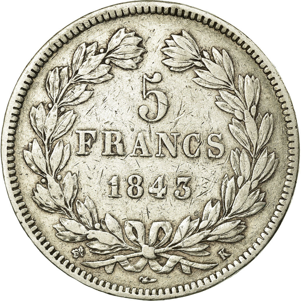 Moneta, Francia, Louis-Philippe, 5 Francs, 1843, Bordeaux, MB+, Argento