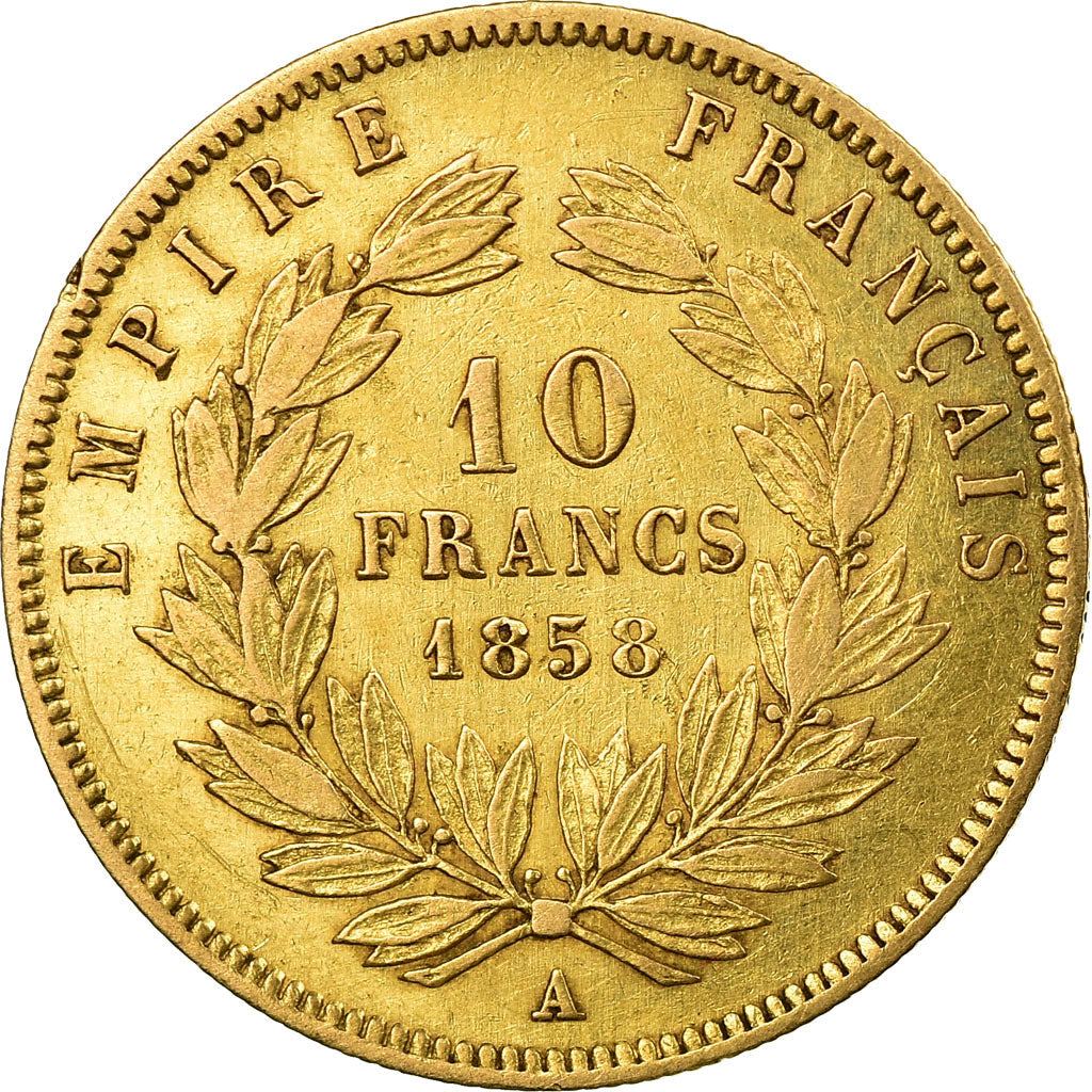 Moneda, Francia, Napoleon III, 10 Francs, 1858, Paris, MBC, Oro, KM 784.3