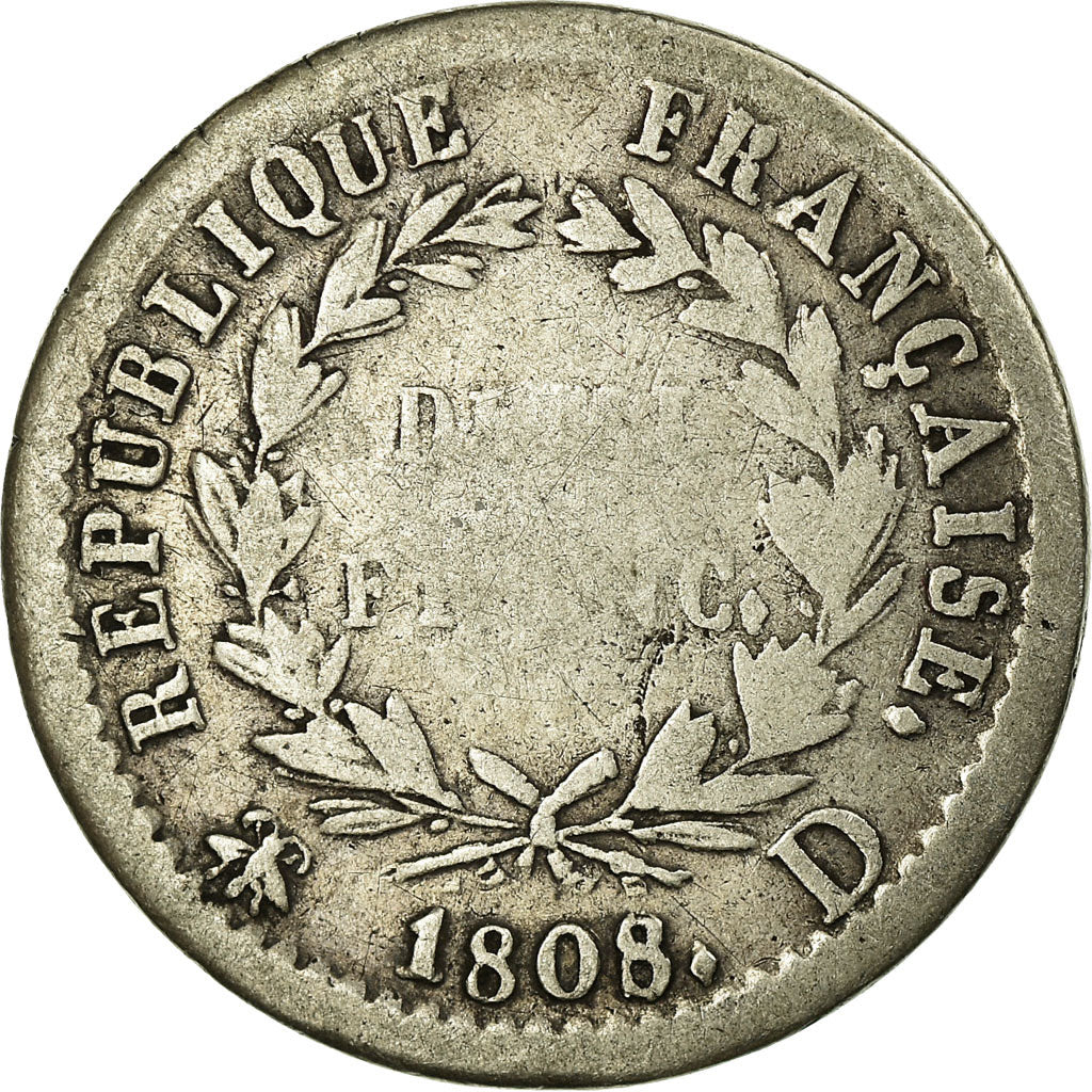 Coin, France, Napoléon I, 1/2 Franc, 1808, Lyon, VF(20-25), Silver, KM:680.4