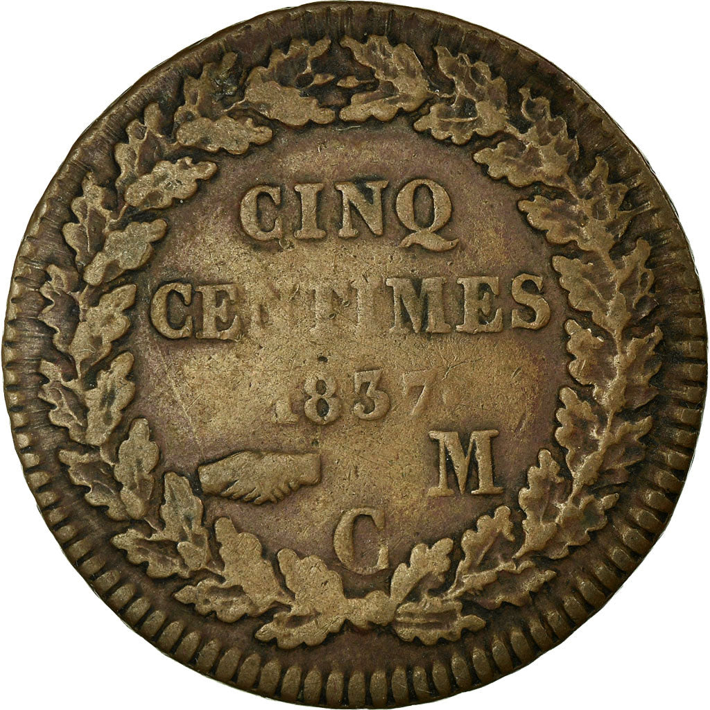 Coin, Monaco, Honore V, 5 Centimes, Cinq, 1837, Monaco, VF(30-35), Cast Brass