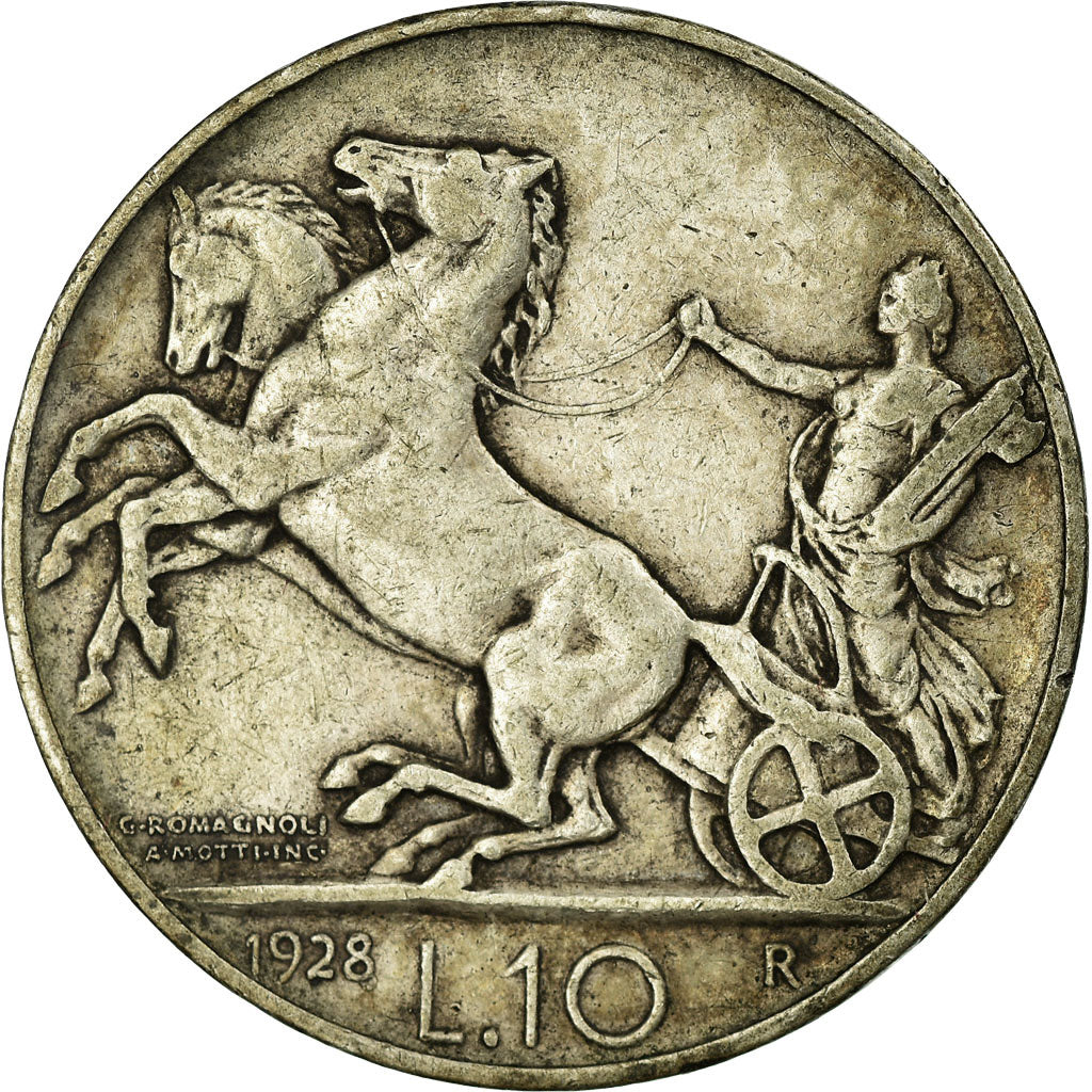 Moneta, Italia, Vittorio Emanuele III, 10 Lire, 1928, Rome, MB+, Argento