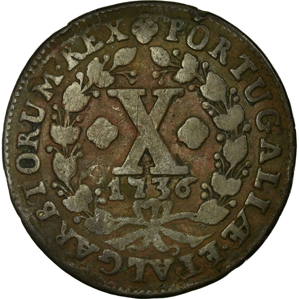 Moneda, Portugal, Jo, 10 Reis, X; 1/2 Vinten, 1736, Lisbon, BC+, Cobre, KM:217