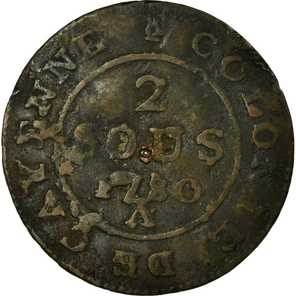 Moneta, Guinea francese, Louis XVI, 2 Sous, 1780, Paris, MB, Biglione, KM:1