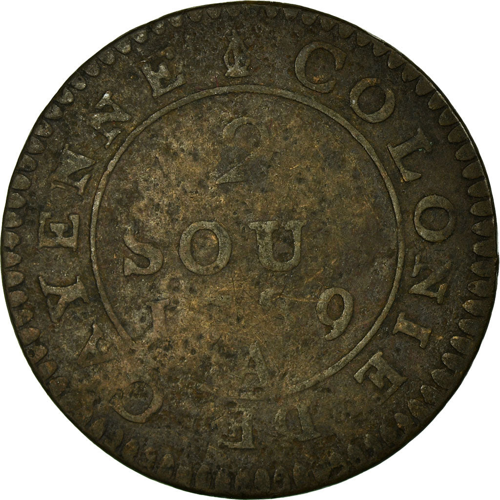 Moeda, GUIANA FRANCESA, Louis XVI, 2 Sous, 1789, Paris, VF(20-25), Lingote, KM:1