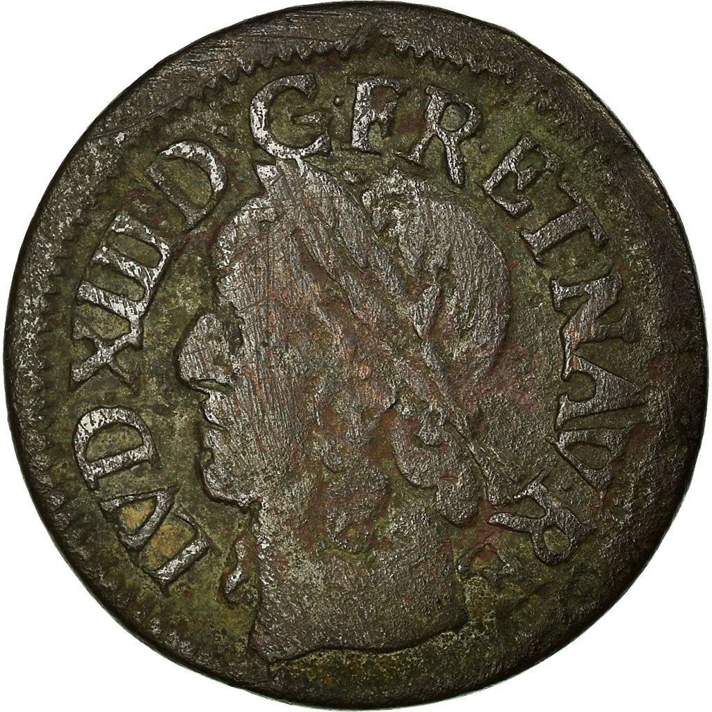 Monnaie, France, Louis XIII, Double Tournois, 1643, La Rochelle, TB, Cuivre