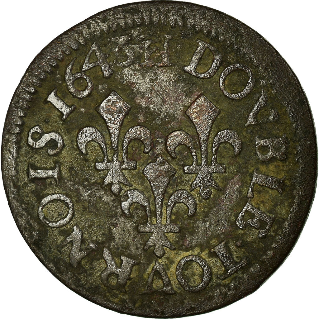 Monnaie, France, Louis XIII, Double Tournois, 1643, La Rochelle, TB, Cuivre