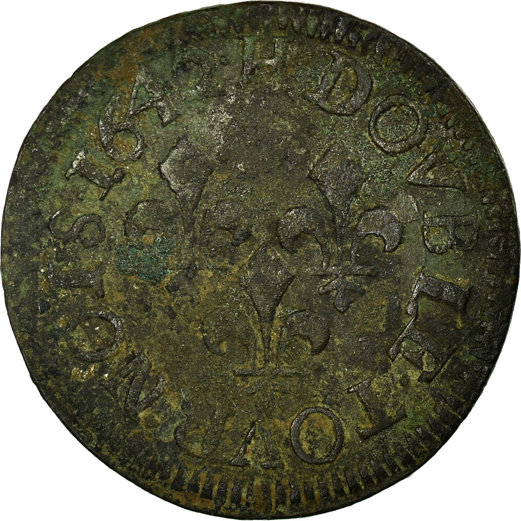 Coin, France, Louis XIII, Double Tournois, 1642, La Rochelle, VF(20-25), Copper