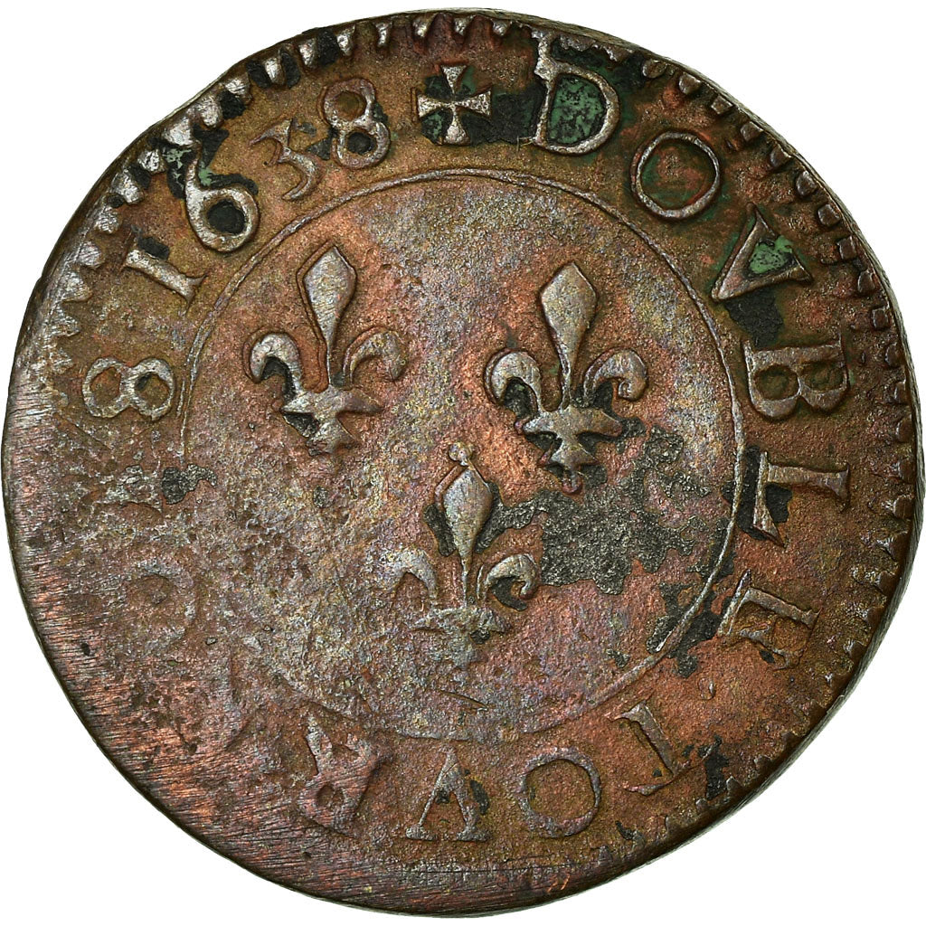 Moneta, Francja, Louis XIII, Double tournois, buste laurée et drapé, Double