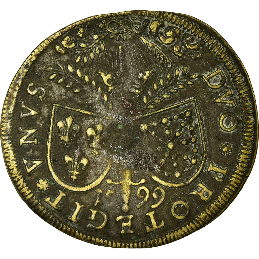 Francia, Jeton, Henri IV, Duo Protegit Unus, 1599, MBC, Latón, Feuardent:11877