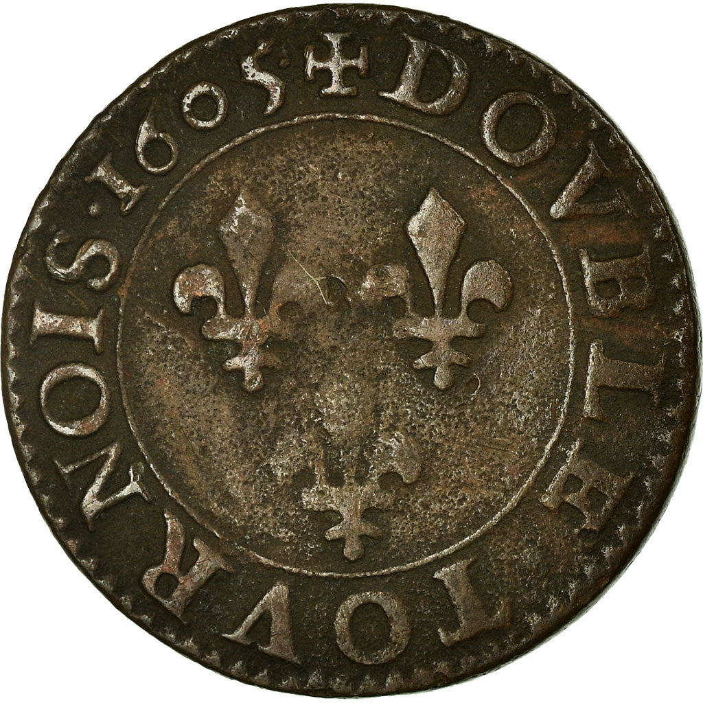 Moeda, França, Henri IV, Double Tournois, 1605, Paris, VF(30-35), Cobre