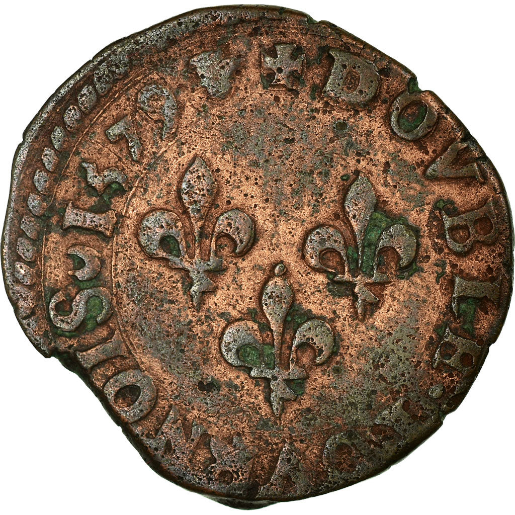 Coin, France, Henri III, Double Tournois, 1579, La Rochelle, VF(20-25), Copper